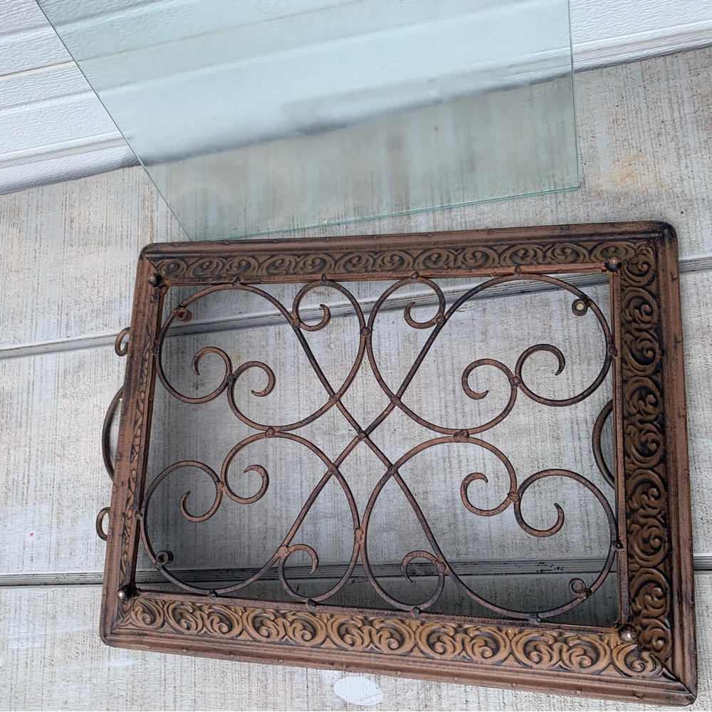 Southern Living at Home Napa Tray w/ Glass Insert Scroll Metal Serving Tray - Picture 8 of 16
